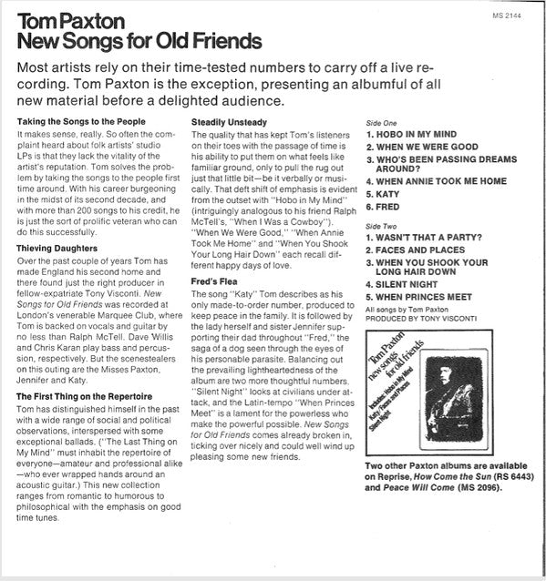 Tom Paxton : New Songs For Old Friends (LP, Album, Promo)