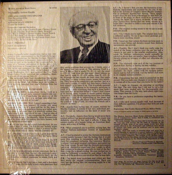 Aaron Copland Conducts Aaron Copland, Columbia Chamber Orchestra : Appalachian Spring (Complete Ballet) (First Recording Of The Original Version) (LP, Album, RE)