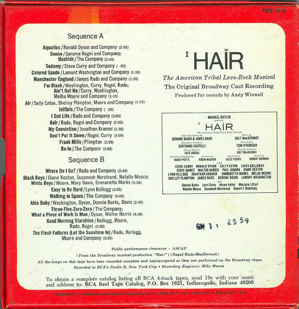 Various : Hair - The American Tribal Love-Rock Musical (The Original Broadway Cast Recording) (Reel, 4tr Stereo, Album)