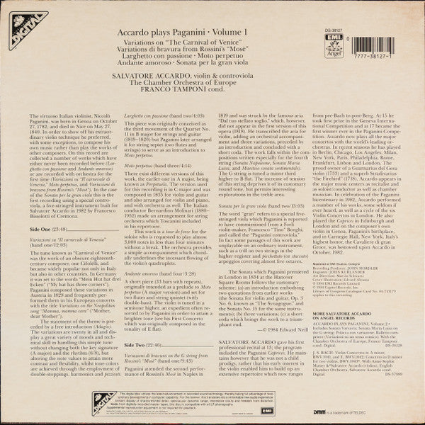 Paganini*, Salvatore Accardo, The Chamber Orchestra Of Europe, Franco Tamponi : Accardo Plays Paganini, Volume 1 (LP)