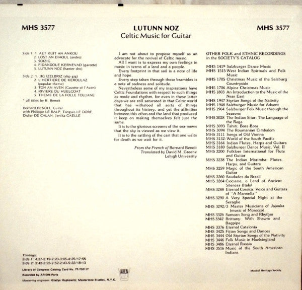 Bernard Benoit : Lutunn Noz: Celtic Music For Guitar (LP, Album)