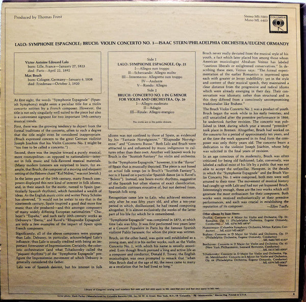 Édouard Lalo / Max Bruch - Isaac Stern, Eugene Ormandy, The Philadelphia Orchestra : Symphonie Espagnole /  Violin Concerto No. 1 (LP, Album, RE)