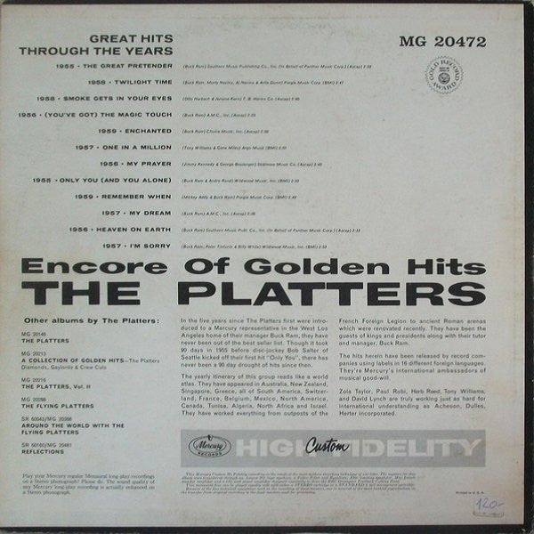 The Platters : Encore Of Golden Hits (LP, Comp, Mono, RE)