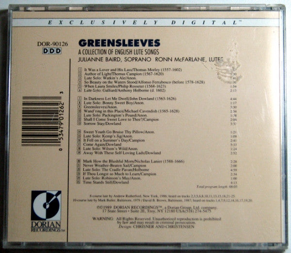 Julianne Baird, Ronn McFarlane : Greensleeves - A Collection Of English Lute Songs (CD, Album)