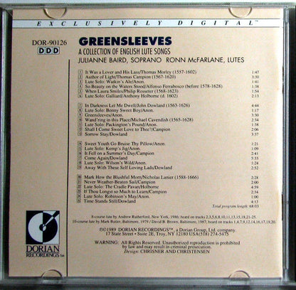 Julianne Baird, Ronn McFarlane : Greensleeves - A Collection Of English Lute Songs (CD, Album)