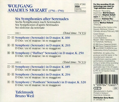 Wolfgang Amadeus Mozart, Tafelmusik Baroque Orchestra, Bruno Weil : Six Symphonies After Serenades K. 100, 185, 203, 204, 250, 320 (2xCD, Album)