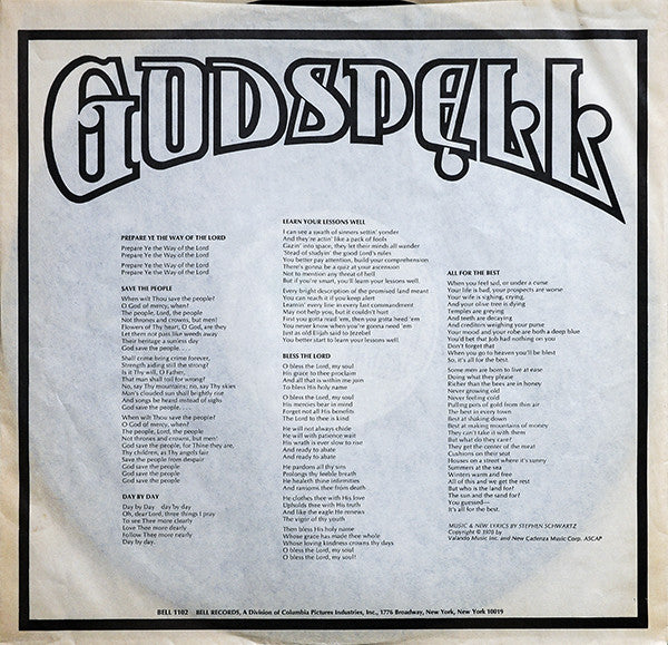 "Godspell" Original Cast : Godspell: A Musical Based Upon The Gospel According To St. Matthew (LP, Album, BW )