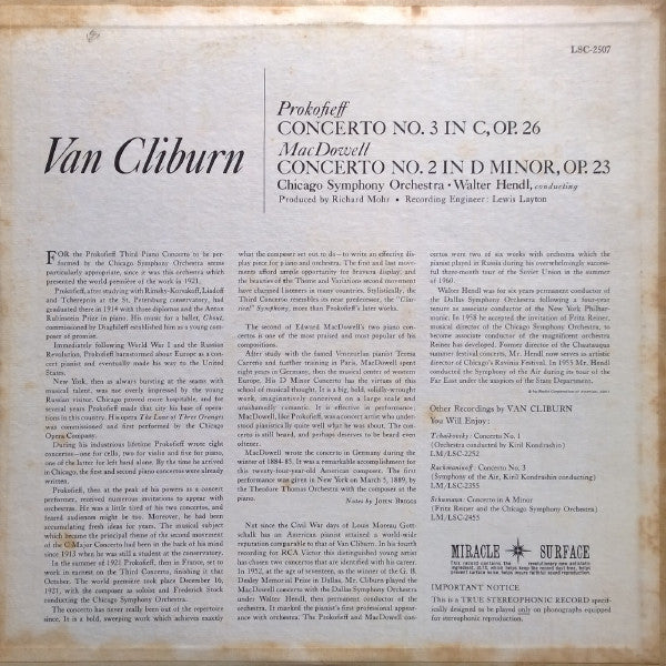 Van Cliburn, The Chicago Symphony Orchestra, Walter Hendl - Sergei Prokofiev / Edward MacDowell : Concerto No. 3 / Concerto No. 2 (LP)