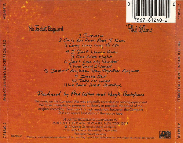 Phil Collins : No Jacket Required (CD, Album, Tar)