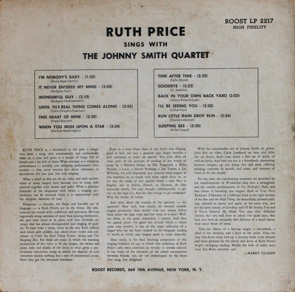 Ruth Price Sings With Johnny Smith Quartet : Ruth Price Sings With The Johnny Smith Quartet (LP, Album, Mono)
