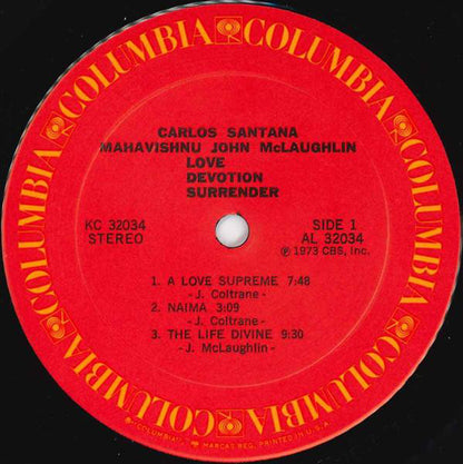 Carlos Santana & John McLaughlin : Love Devotion Surrender (LP, Album, Pit)