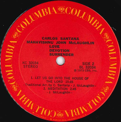 Carlos Santana & John McLaughlin : Love Devotion Surrender (LP, Album, Pit)