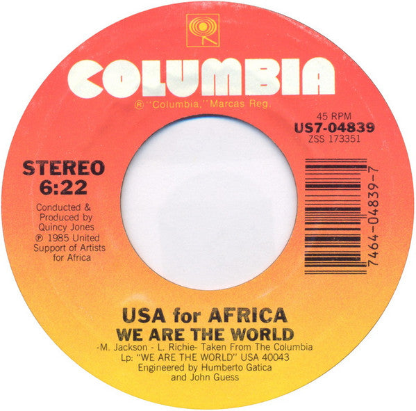 USA For Africa : We Are The World (7", Single, Styrene, Pit)