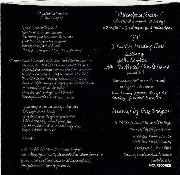 Elton John Band : Philadelphia Freedom (7", Single, Glo)