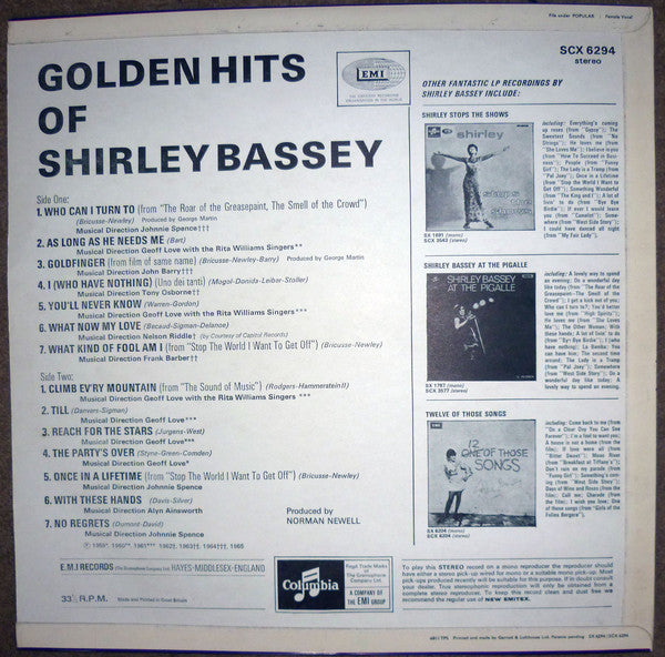 Shirley Bassey : Golden Hits Of Shirley Bassey (LP, Comp, RP)
