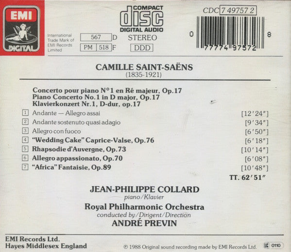 Camille Saint-Saëns, Jean-Philippe Collard, André Previn, The Royal Philharmonic Orchestra : Concerto Pour Piano No. 1 (CD, Album)