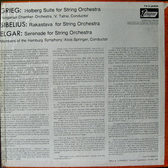 Jean Sibelius, Edvard Grieg, Sir Edward Elgar : Rakastava For String Orchestra / Holberg Suite For String Orchestra / Serenade For String Orchestra (LP, Dol)