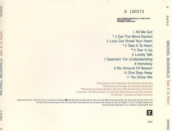 Michael McDonald : Take It To Heart (CD, Album, Club)
