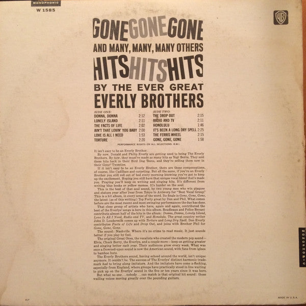 Everly Brothers : Gone, Gone, Gone (LP, Album, Mono, Pit)