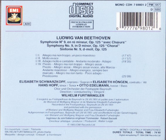 Ludwig van Beethoven / Elisabeth Schwarzkopf • Elisabeth Höngen • Hans Hopf • Otto Edelmann, Orchester der Bayreuther Festspiele Und Chor der Bayreuther Festspiele, Wilhelm Furtwängler : Sinfonie No. 9 = Symphony No. 9 "Choral" = Symphonie No. 9 "Avec Choeurs" (CD, Album, Mono, RE, RM)