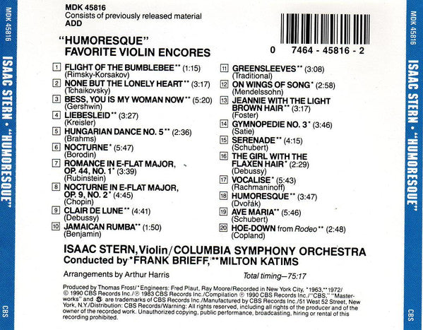 Isaac Stern : Humoresque - Favourite Violin Encores (CD, Comp, RE)