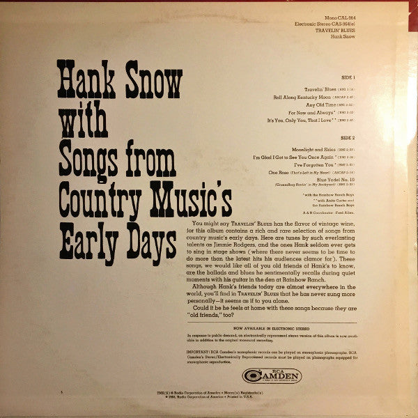 Hank Snow : Travelin' Blues (LP, Album)