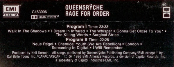 Queensrÿche : Rage For Order (Cass, Album, Club, Dol)