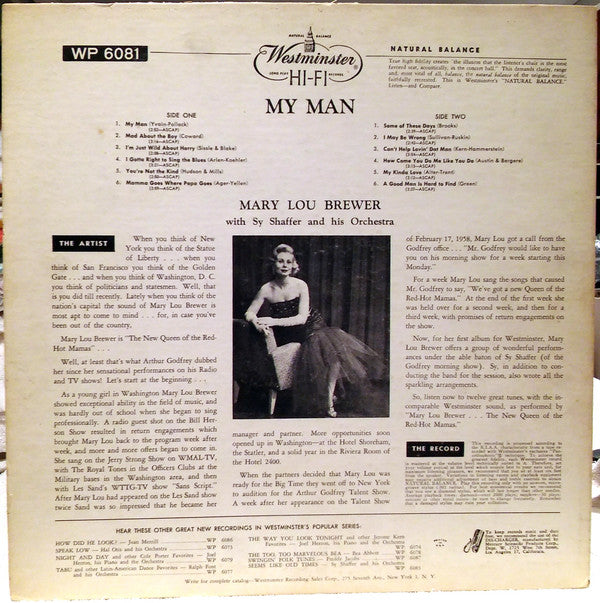 Mary Lou Brewer With Sy Shaffer And His Orchestra : My Man (LP, Album, Mono)