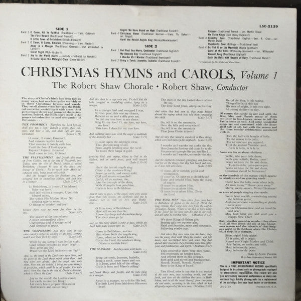 Robert Shaw, The Robert Shaw Chorale : Christmas Hymns And Carols Volume 1 (LP, Album)
