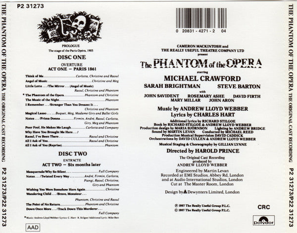 Andrew Lloyd Webber : The Phantom Of The Opera (2xCD, Album, Club, CRC)
