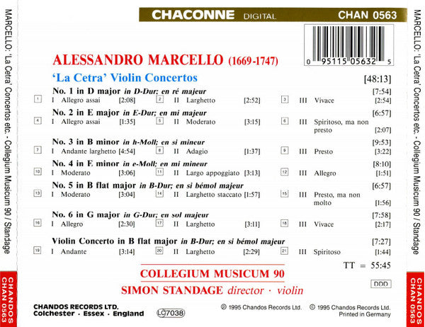 Alessandro Marcello - Collegium Musicum 90 / Simon Standage : 'La Cetra' Concertos • Violin Concerto In B Flat (CD, Album)