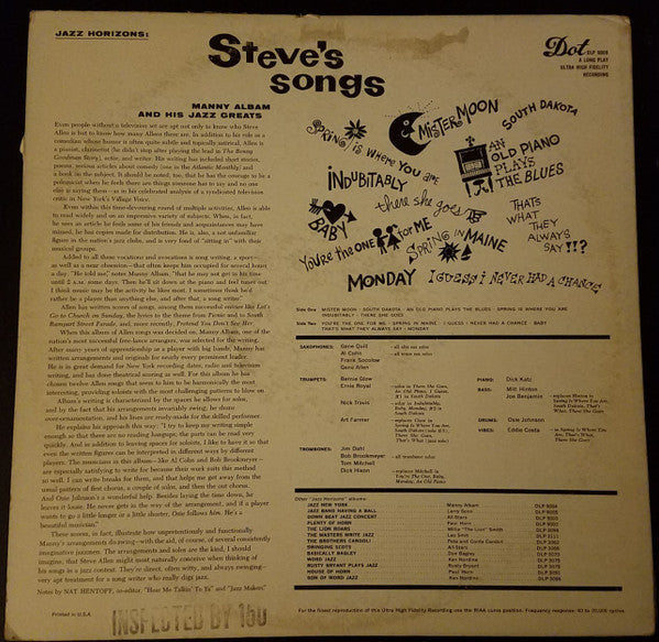 Manny Albam And His Jazz Greats : Steve's Songs (LP, Album, Mono)