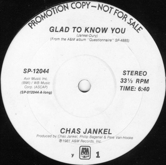 Chas Jankel : Glad To Know You / 3,000,000 Synths (12", Promo)