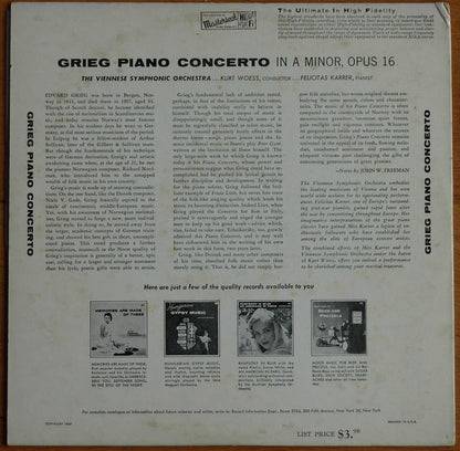 Edvard Grieg, Tonkünstler Orchestra, Felicitas Karrer : Piano Concerto In A Minor, Opus 16 (LP, Mono)