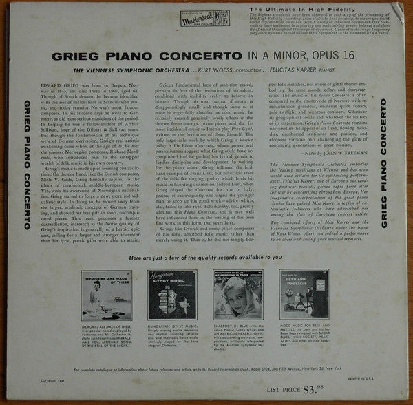 Edvard Grieg, Tonkünstler Orchestra, Felicitas Karrer : Piano Concerto In A Minor, Opus 16 (LP, Mono)