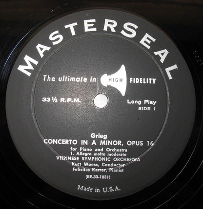 Edvard Grieg, Tonkünstler Orchestra, Felicitas Karrer : Piano Concerto In A Minor, Opus 16 (LP, Mono)